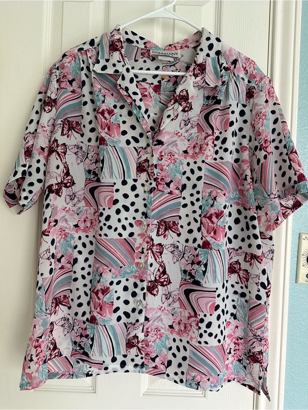VTG Donnkenny Woman Button Front Blouse 2X Butterfly Floral Polka Dot Patchwork